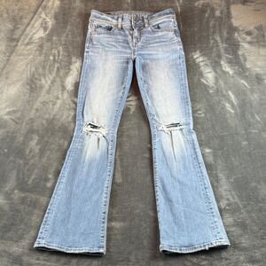 American Eagle Kick Boot Jeans Womens 00 Short Light Wash Mid Rise Distressed